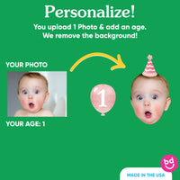 Custom photo face and age balloon cake topper detail