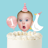 One Silly Goose pink cake topper with photo face balloon and goose