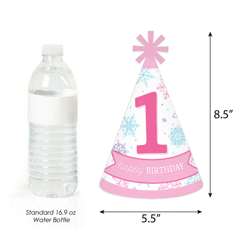 Pink Snowflakes 1st Birthday - Cone Happy Birthday Party Hats for Kids and Adults - Set of 8 (Standard Size)