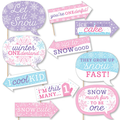 Funny Pink Snowflakes 1st Birthday - Girl Winter ONEderland Party Photo Booth Props Kit - 10 Piece