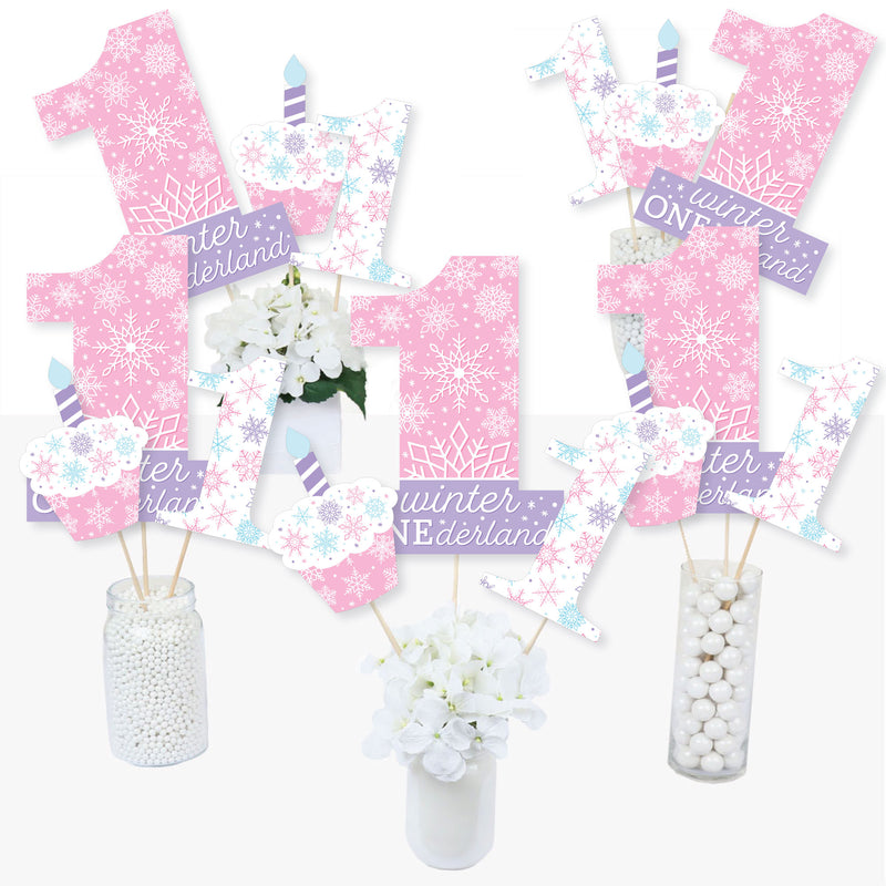 Pink Snowflakes 1st Birthday - Girl Winter ONEderland Party Centerpiece Sticks - Table Toppers - Set of 15