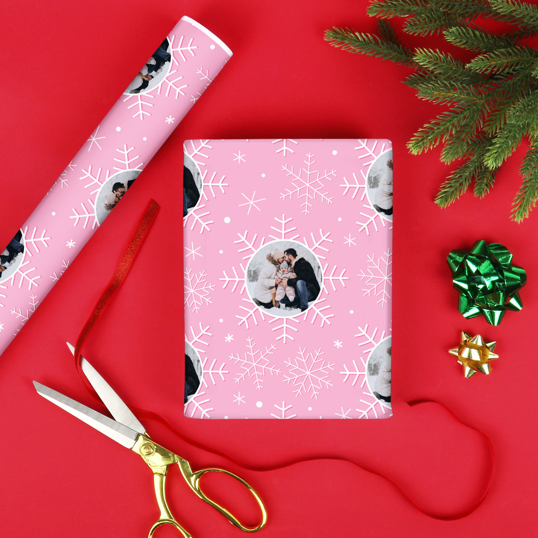 Custom Photo Wrapping Paper - Pink Snowflakes