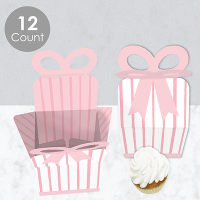 Pink Stripes - Square Favor Gift Boxes - Simple Party Bow Boxes - Set of 12