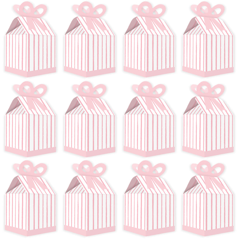 Pink Stripes - Square Favor Gift Boxes - Simple Party Bow Boxes - Set of 12