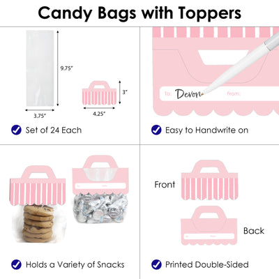 Pink Stripes - DIY Simple Party Clear Goodie Favor Bag Labels - Candy Bags with Toppers - Set of 24