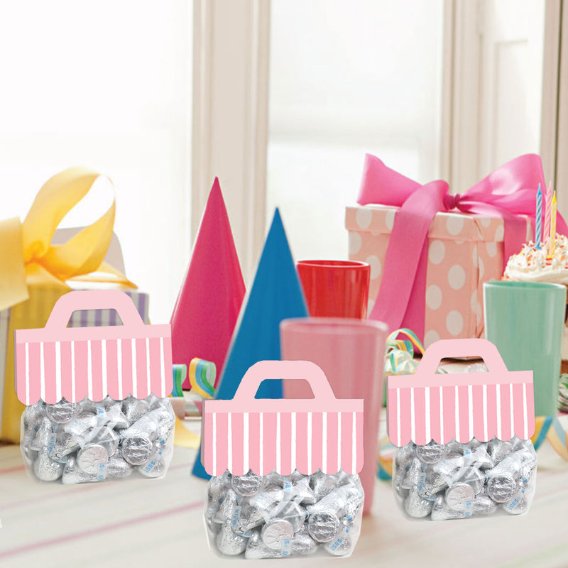 Pink Stripes - DIY Simple Party Clear Goodie Favor Bag Labels - Candy Bags with Toppers - Set of 24