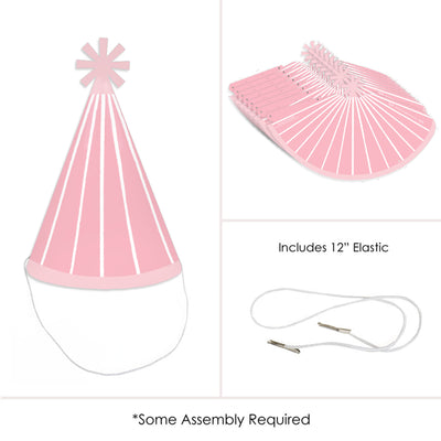Pink Stripes - Cone Happy Birthday Party Hats for Kids and Adults - Set of 8 (Standard Size)