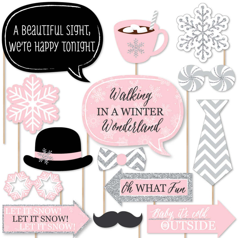 Pink Winter Wonderland - Holiday Snowflake Birthday Party or Baby Shower Photo Booth Props Kit - 20 Count