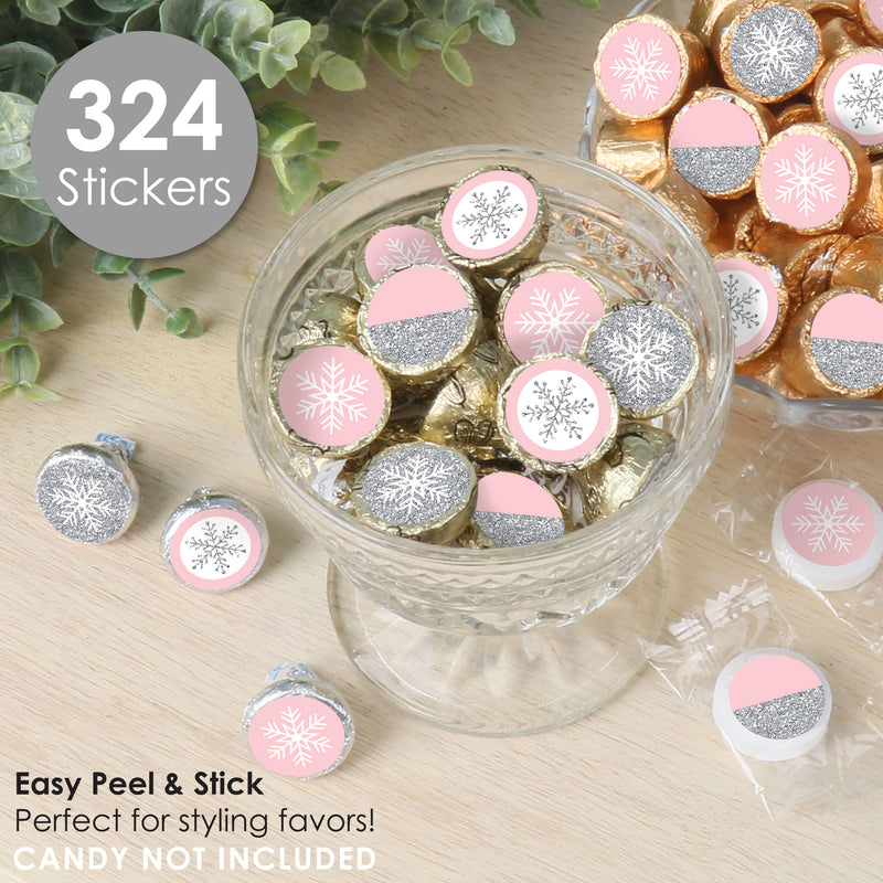 Pink Winter Wonderland - Holiday Snowflake Birthday Party and Baby Shower Small Round Candy Stickers - Party Favor Labels - 324 Count