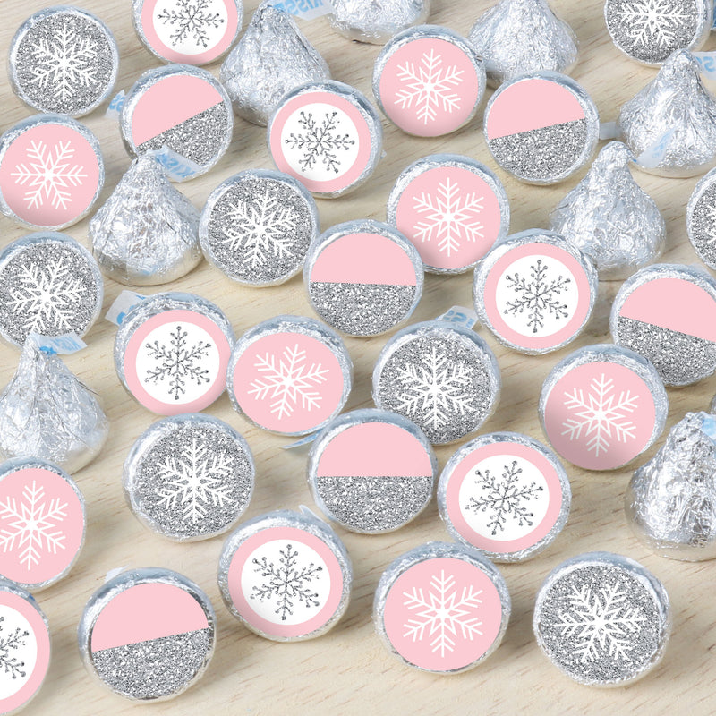 Pink Winter Wonderland - Holiday Snowflake Birthday Party and Baby Shower Small Round Candy Stickers - Party Favor Labels - 324 Count