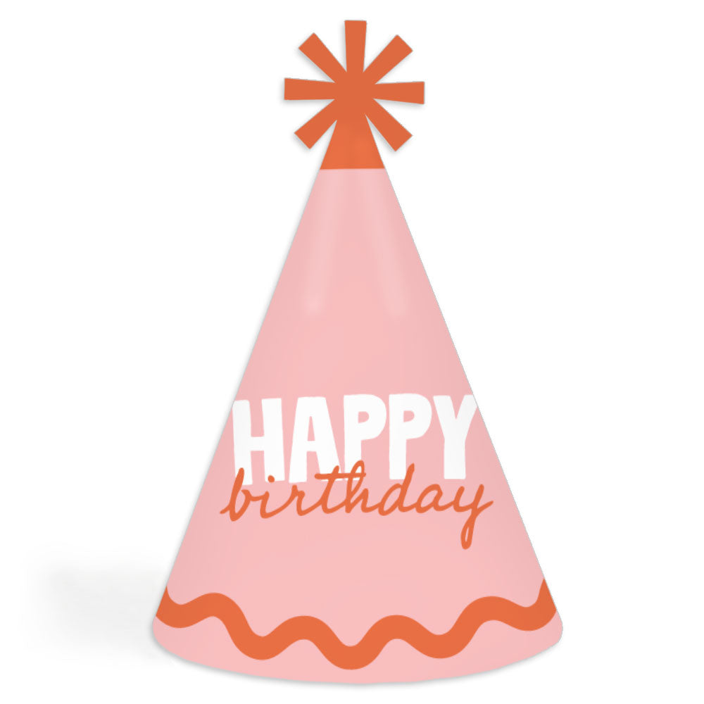Pink and orange birthday cone hats main image