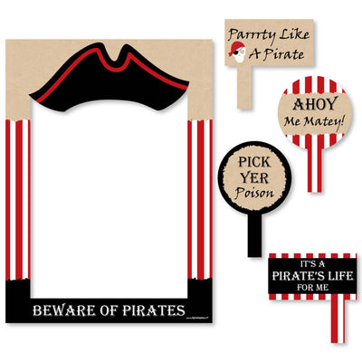 Beware of Pirates - Pirate Birthday Party Selfie Photo Booth Picture Frame & Props - Printed on Sturdy Material