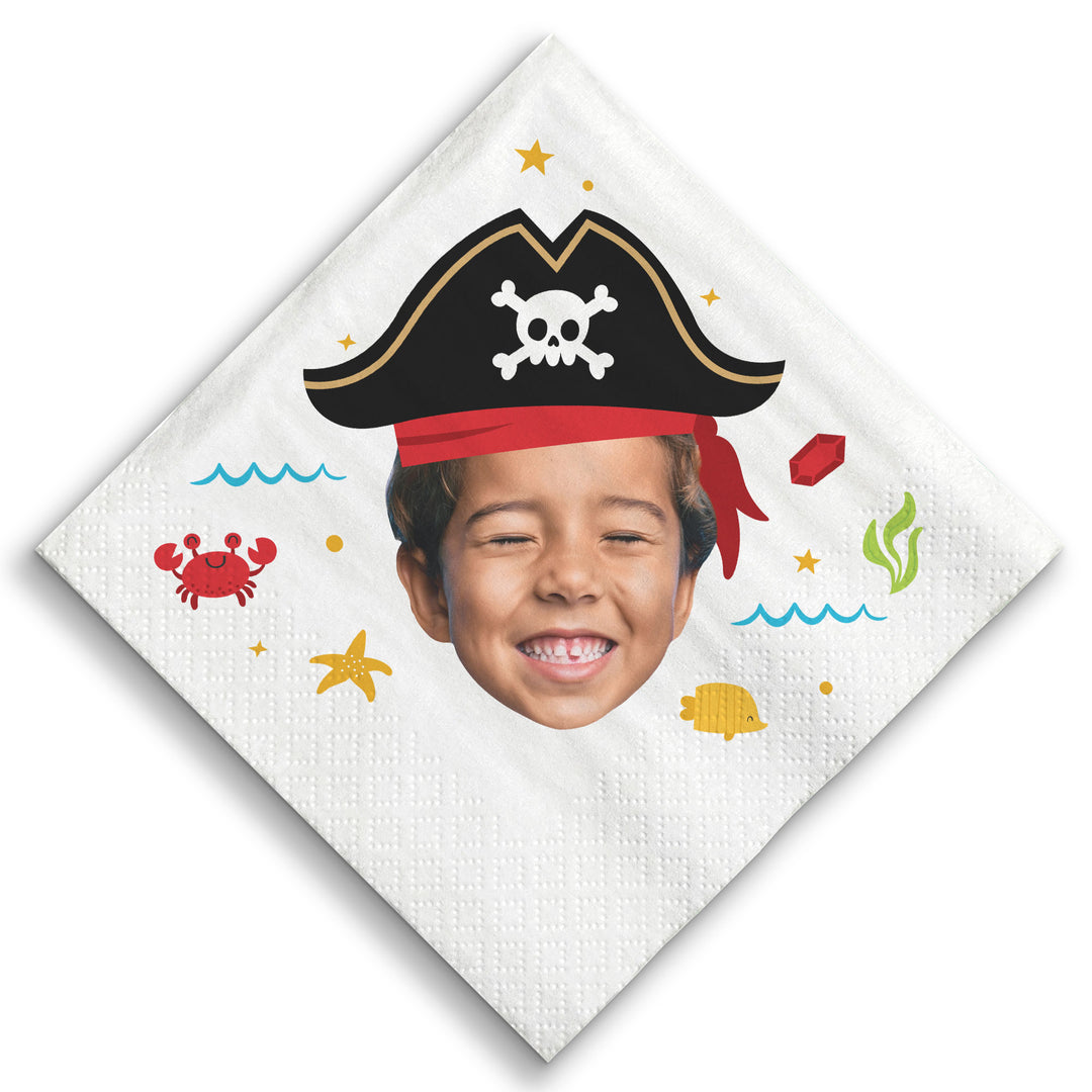 Custom Napkin with a pirate-themed design featuring a child's face, crab, starfish, and shell on a white background.