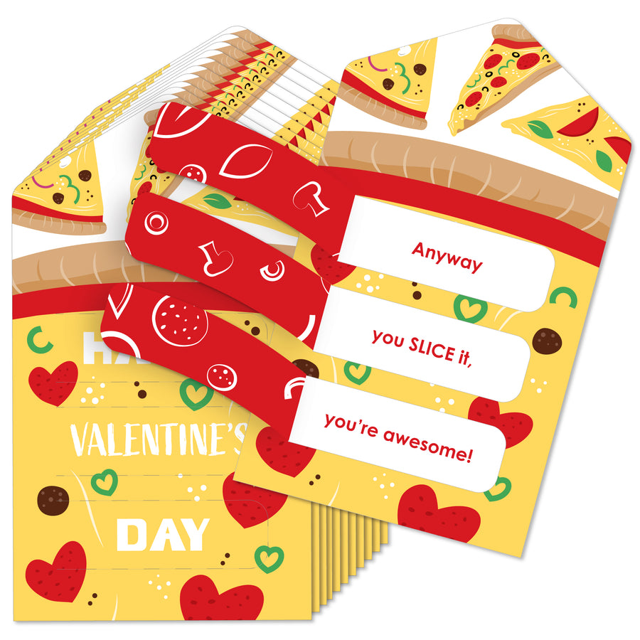 A set of Valentine's Day pull tabs with pizza and heart designs, and messages such as 'Anyway you SLICE it, you're awesome!'