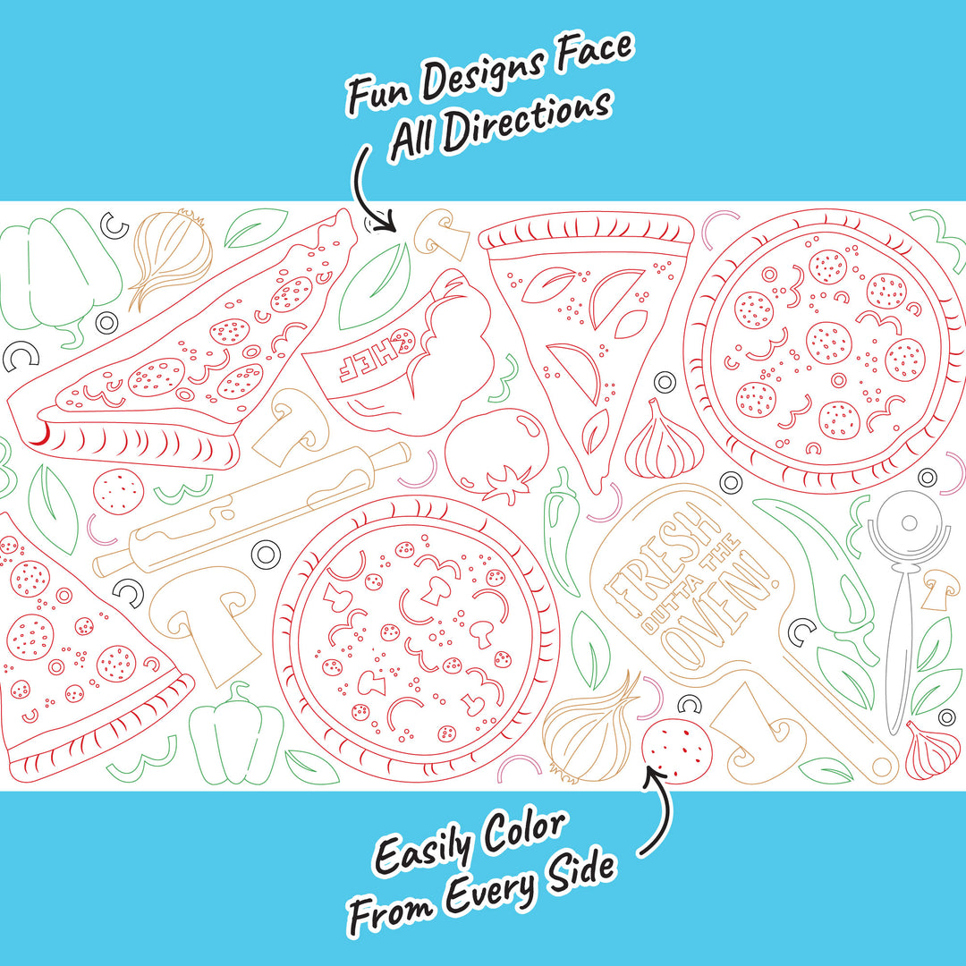 Pizza-themed doodles on coloring table runner close-up
