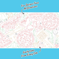 Pizza-themed doodles on coloring table runner close-up