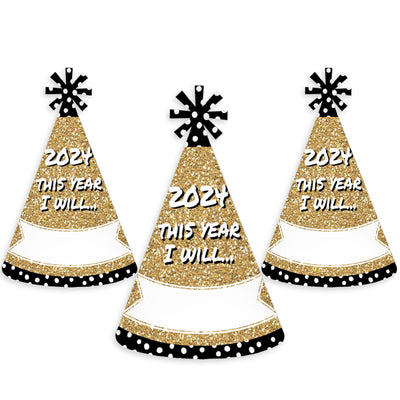 Pop, Fizz, Clink! - Cone Party Hats - 2024 New Year's Eve Resolution Cone Party Hat for Kids and Adults - Set of 8 (Standard Size)