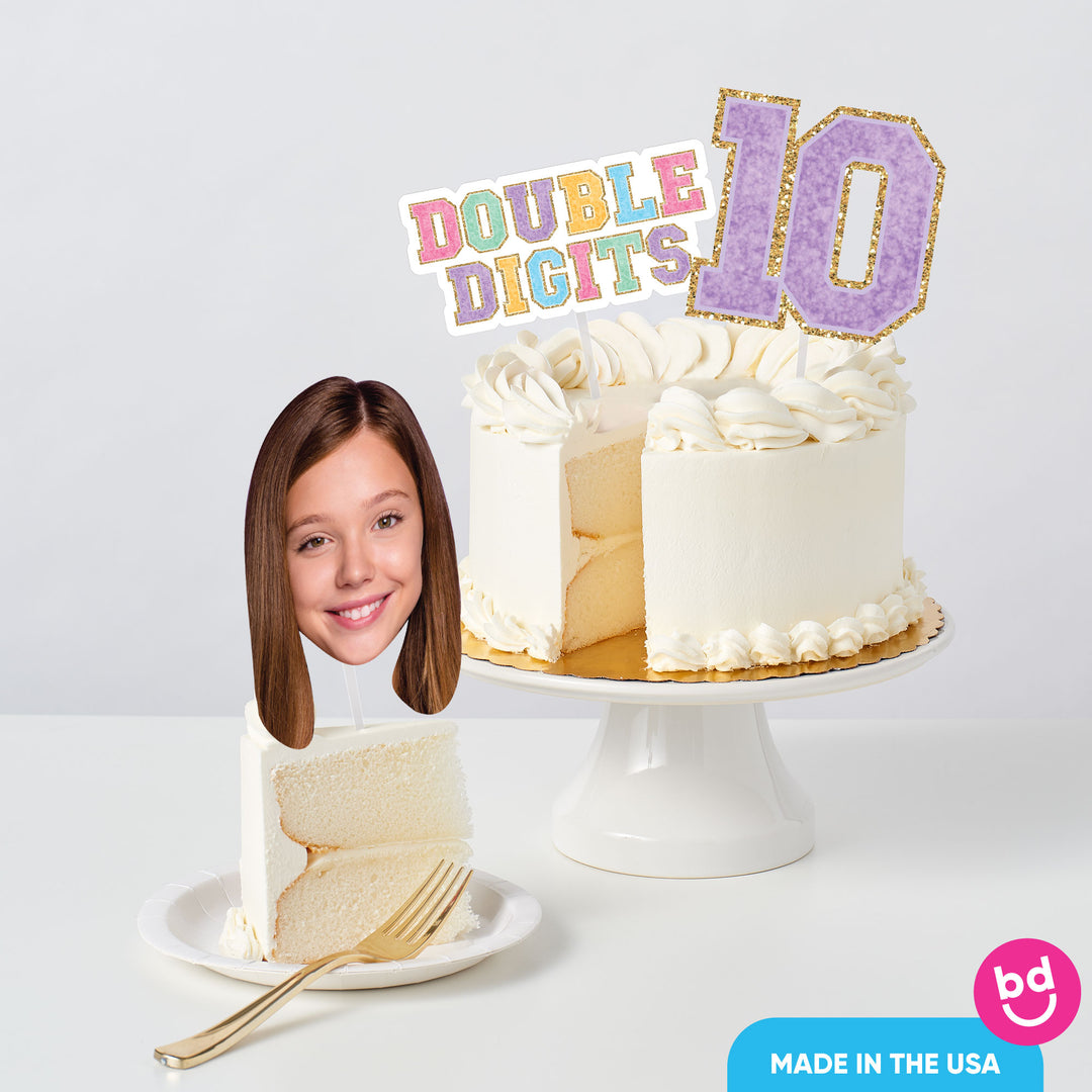 Personalized cake topper on birthday cake display