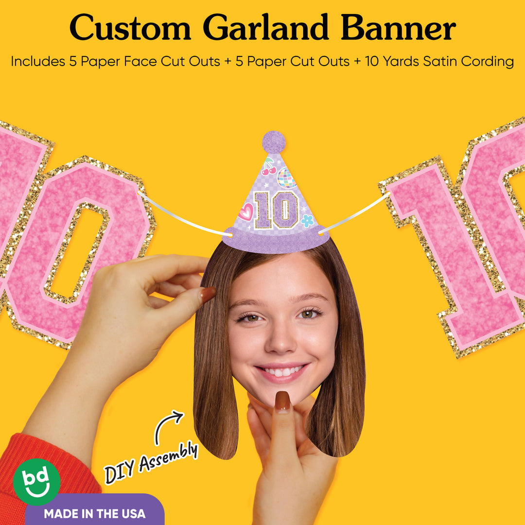 Close-up personalized face cutout and pink “10” design