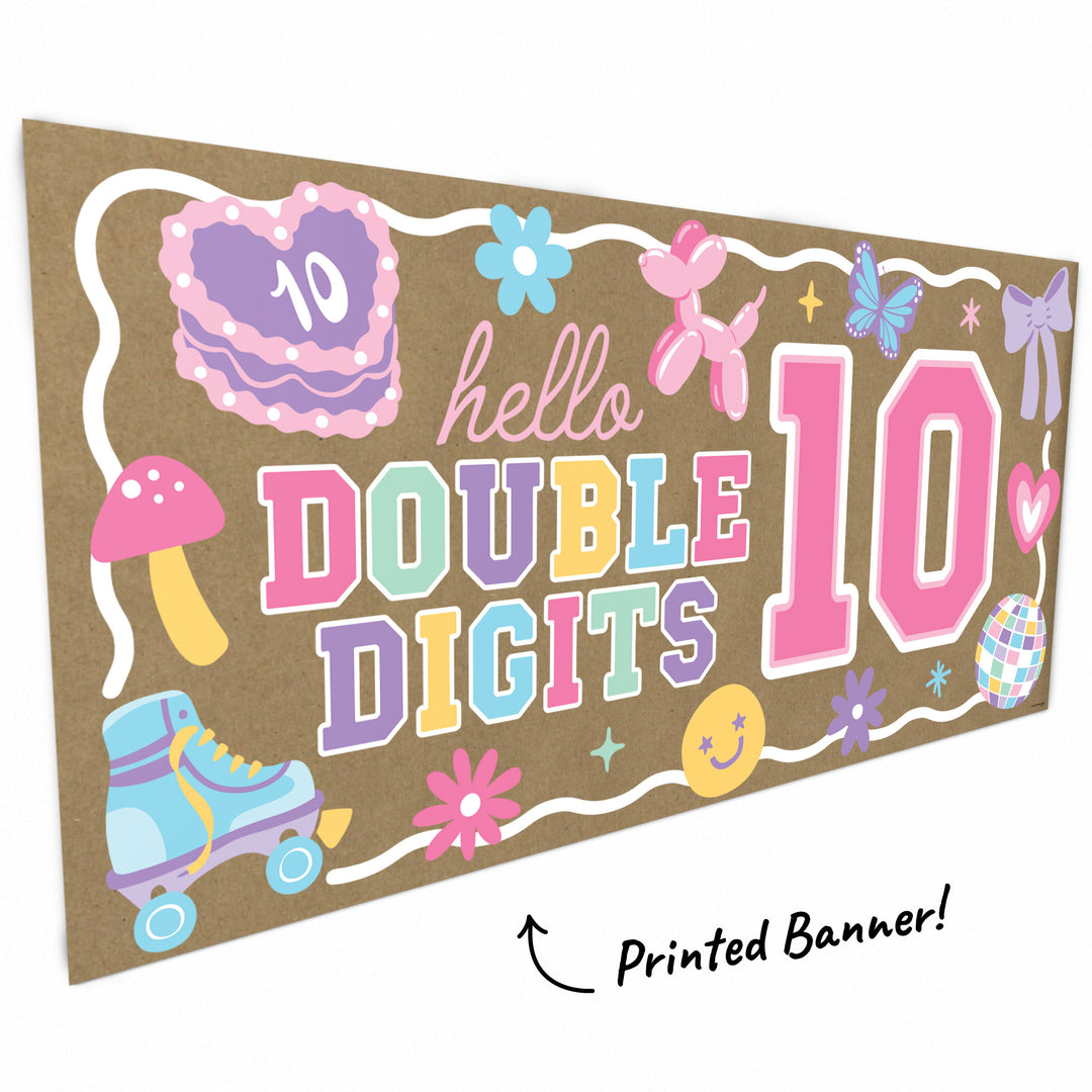 Close-up Hello Double Digits design with pastel icons