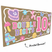 Close-up Hello Double Digits design with pastel icons