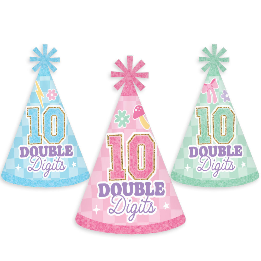 Colorful birthday hats with '10 Double Digits' text on a white background