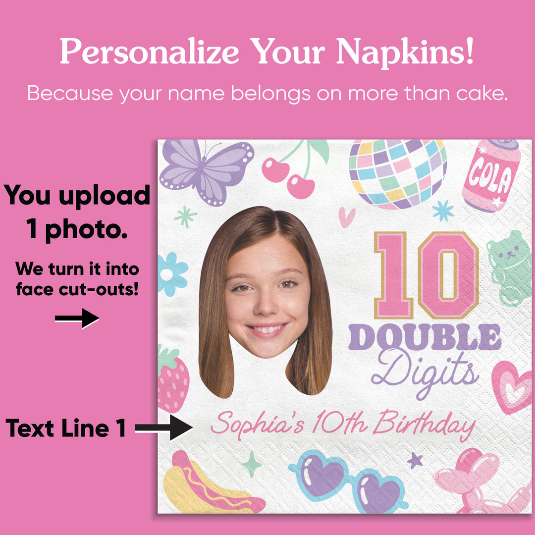Personalized birthday napkin with photo upload option on a pink background