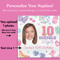 Personalized birthday napkin with photo upload option on a pink background