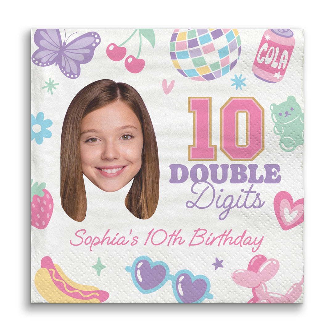 Custom face 10th birthday napkins double digits design