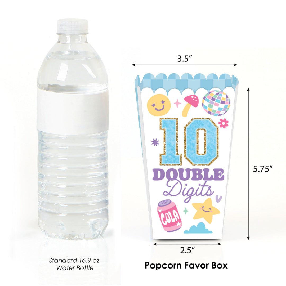 Popcorn favor box with '10 Double Digits' text next to a water bottle for size comparison.