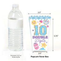 Popcorn favor box with '10 Double Digits' text next to a water bottle for size comparison.