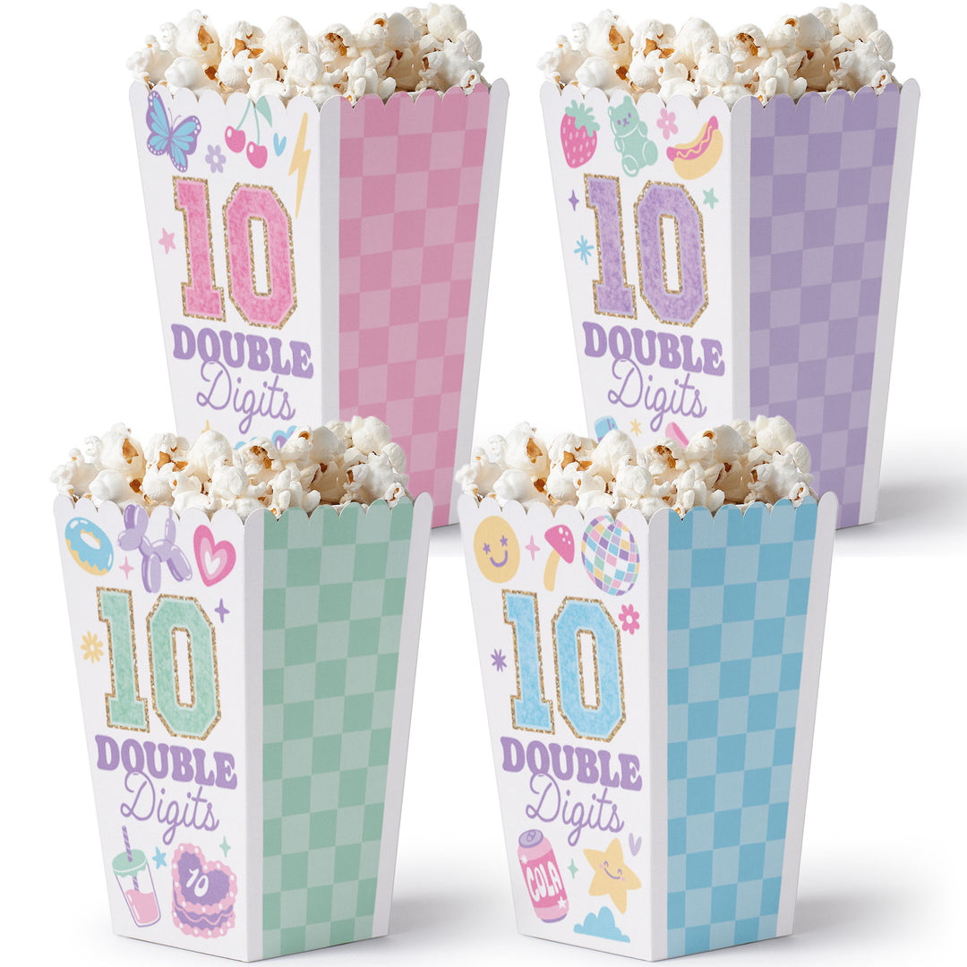 Preppy 10th birthday popcorn boxes pastel double digits party supplies