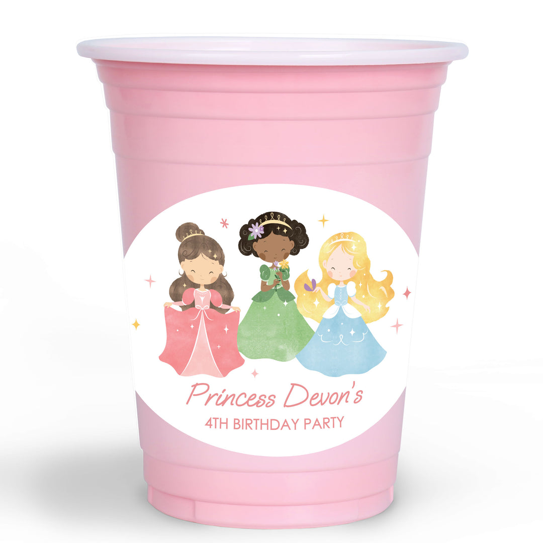 Custom Pink party cup with princess-themed design and personalized text on a white background