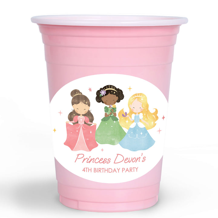 Custom Pink party cup with princess-themed design and personalized text on a white background