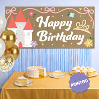 Fairytale birthday party backdrop with castle design