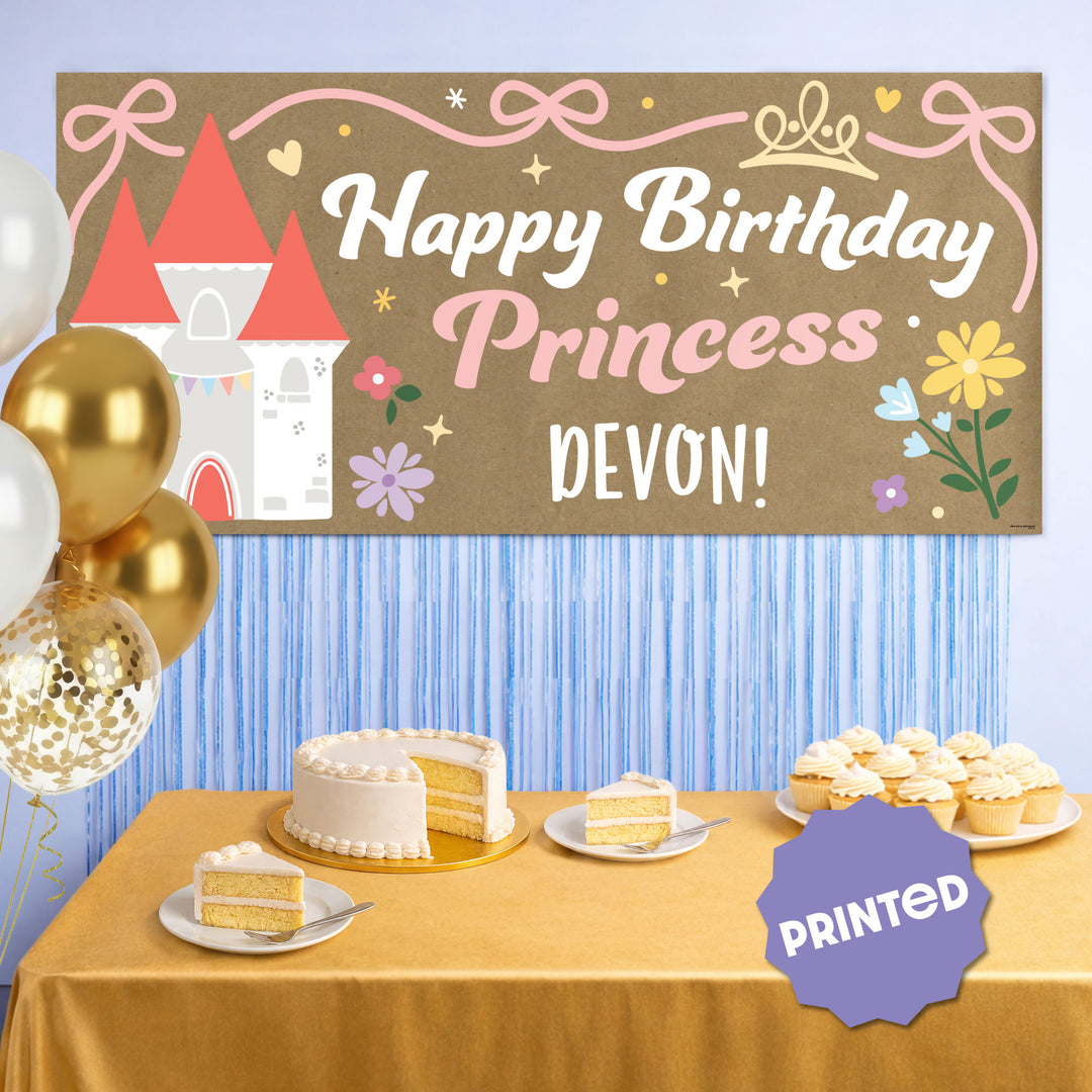 Fairytale princess banner displayed at birthday party backdrop