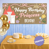 Fairytale princess banner displayed at birthday party backdrop