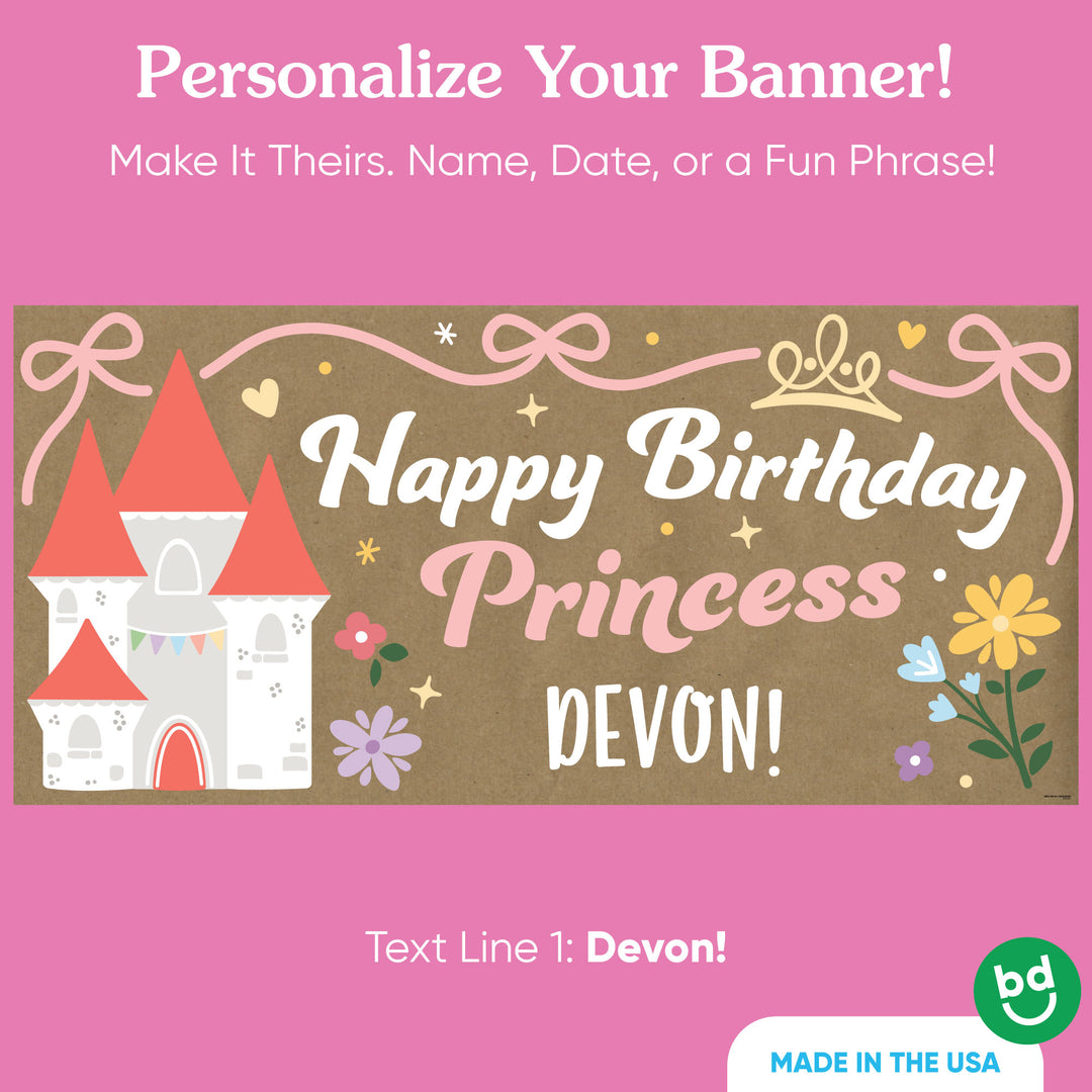 Custom name printed on princess birthday banner