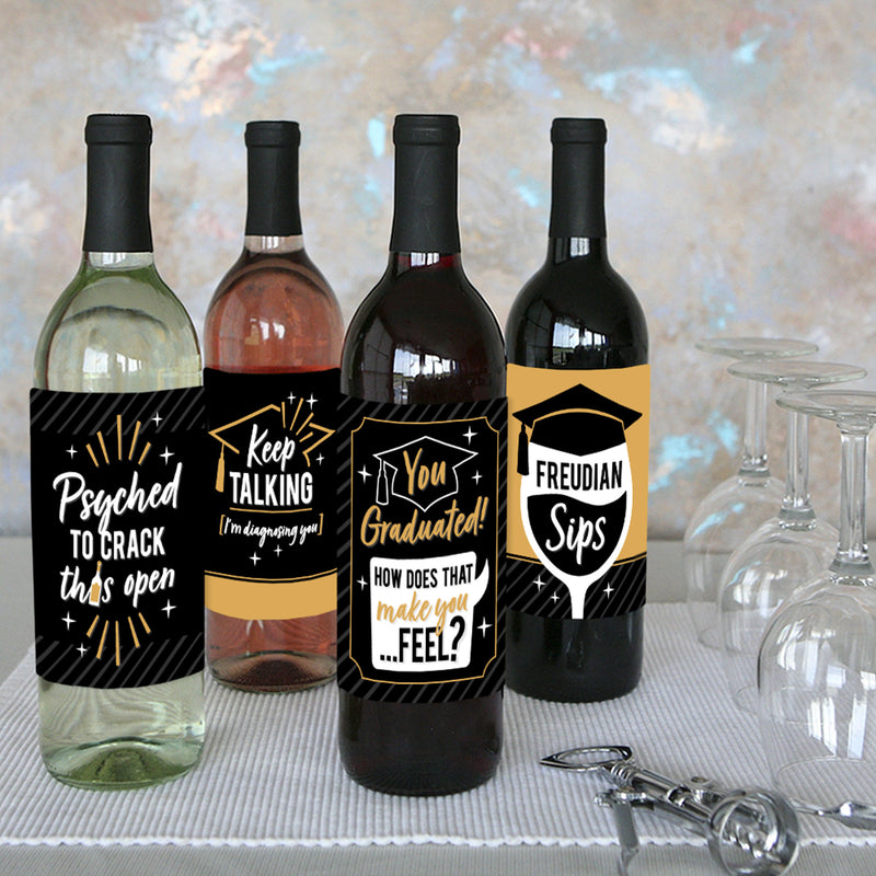 Psychology Grad - Psychologist Graduation Party Decorations for Women and Men - Wine Bottle Label Stickers - Set of 4