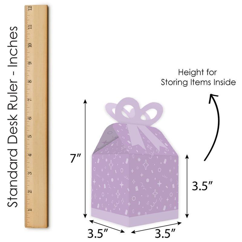 Purple Confetti Stars - Square Favor Gift Boxes - Simple Party Bow Boxes - Set of 12