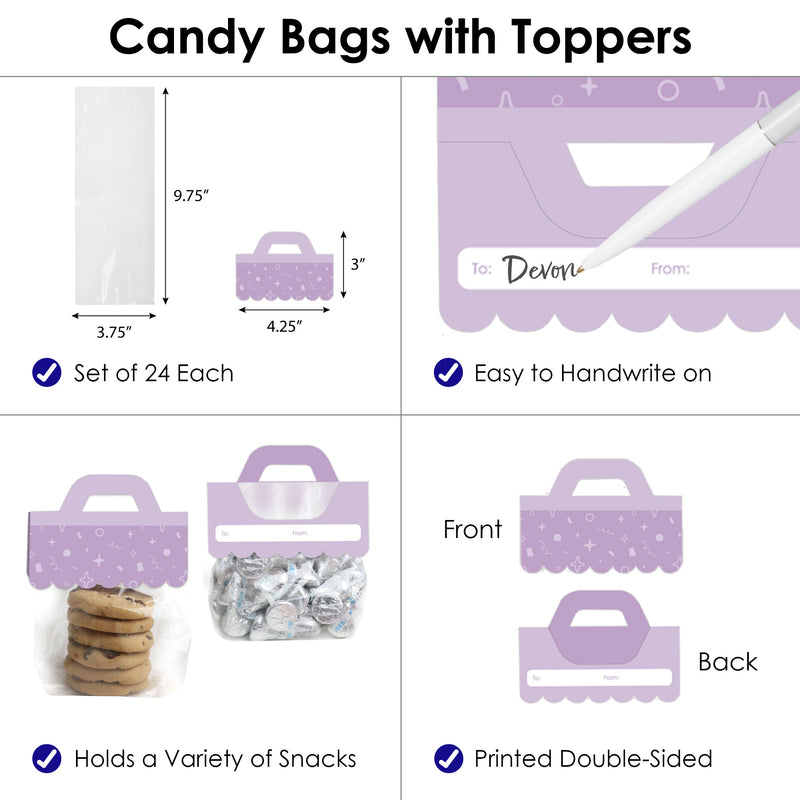 Purple Confetti Stars - DIY Simple Party Clear Goodie Favor Bag Labels - Candy Bags with Toppers - Set of 24