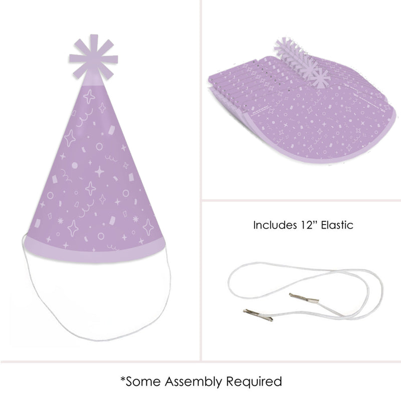 Purple Confetti Stars - Cone Happy Birthday Party Hats for Kids and Adults - Set of 8 (Standard Size)