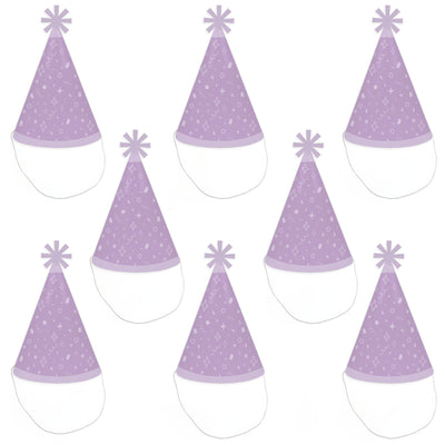 Purple Confetti Stars - Cone Happy Birthday Party Hats for Kids and Adults - Set of 8 (Standard Size)