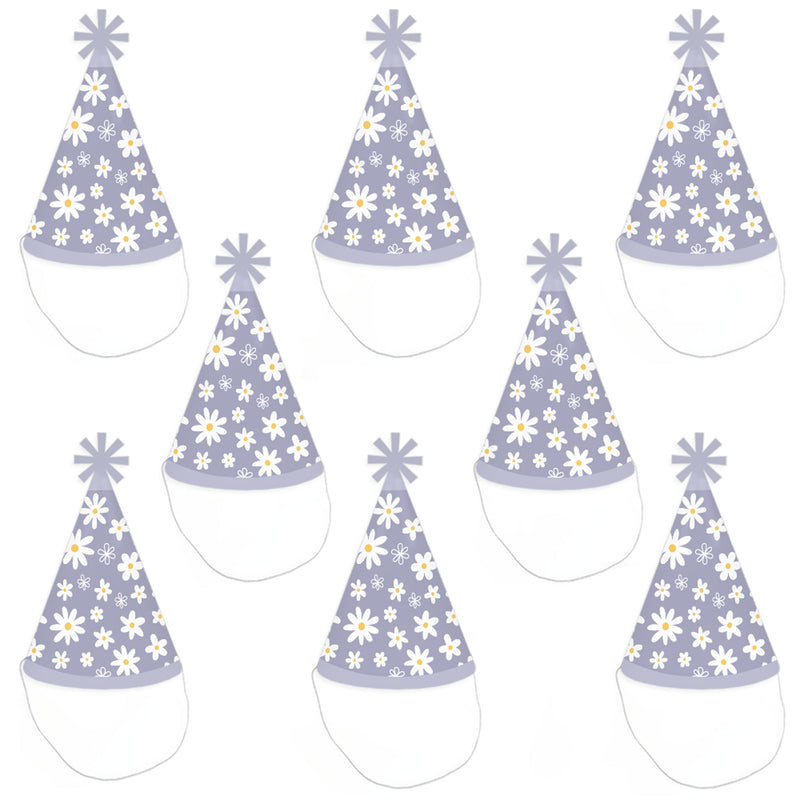 Purple Daisy Flowers - Cone Happy Birthday Party Hats for Kids and Adults - Set of 8 (Standard Size)