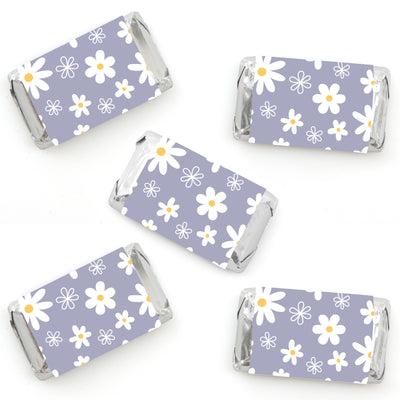 Purple Daisy Flowers - Mini Candy Bar Wrapper Stickers - Floral Party Small Favors - 40 Count