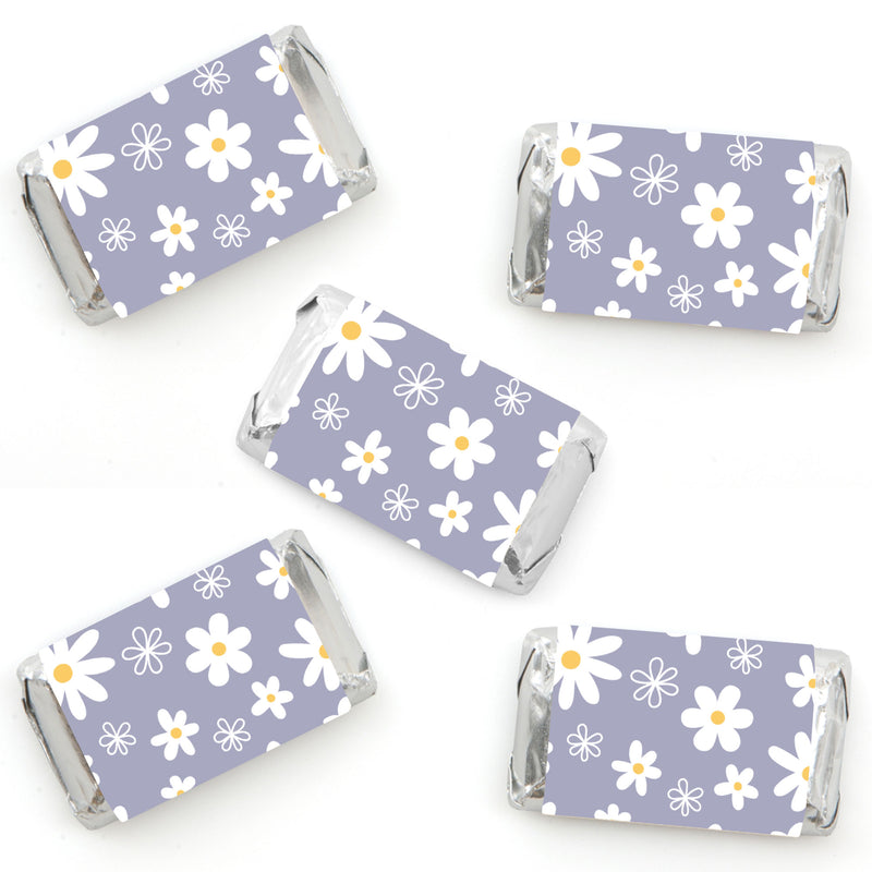 Purple Daisy Flowers - Mini Candy Bar Wrapper Stickers - Floral Party Small Favors - 40 Count