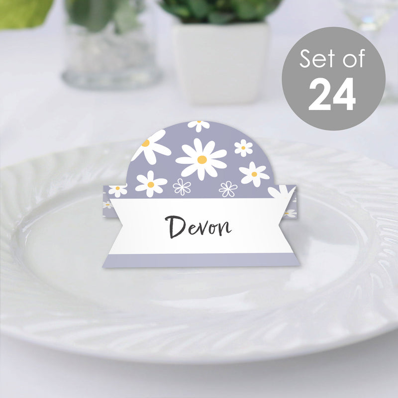 Purple Daisy Flowers - Floral Party Tent Buffet Card - Table Setting Name Place Cards - Set of 24