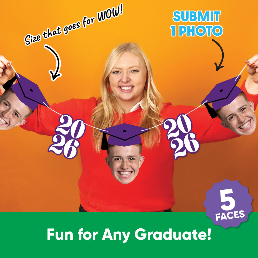 Five personalized face cutouts with purple number pieces