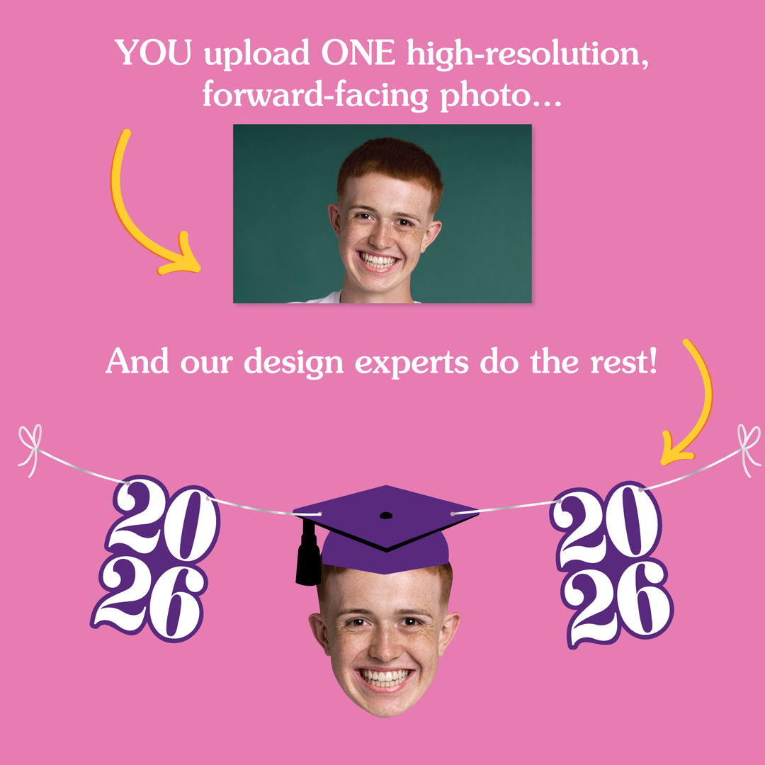 Promotional graphic for a photo design service with a person's photo and graduation-themed elements on a pink background.