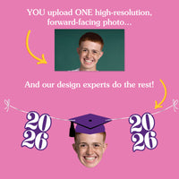 Promotional graphic for a photo design service with a person's photo and graduation-themed elements on a pink background.